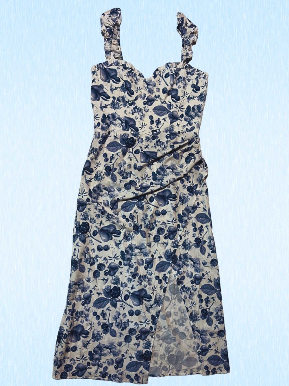 Cider White and Blue Floral Midi Dress with Ruffle Straps